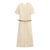 Round neck single breasted short sleeved dress with waist belt for women